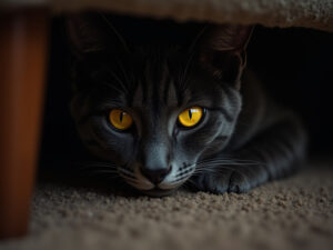 Schwarze Katze mit hell leuchtenden Augen liegt unterm Sofa